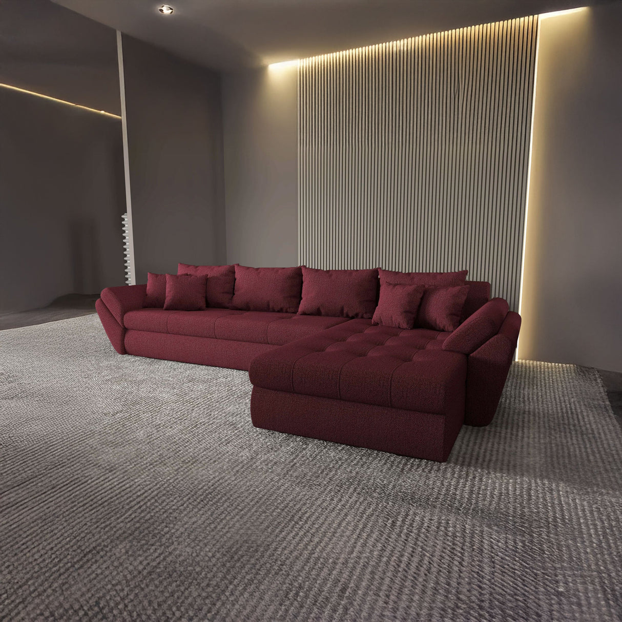 Colțar extensibil dumonde cu ladă de depozitare si sezut confortabil din spuma HR, Loana XL Enjoy Rosu II 335x185 cm Fabrica