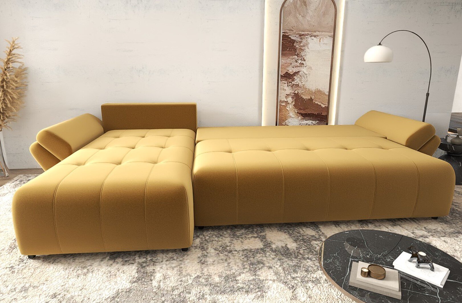 Colțar extensibil dumonde cu ladă de depozitare si sezut confortabil din spuma HR, Berlin XL Royal Mustar 350x185 cm