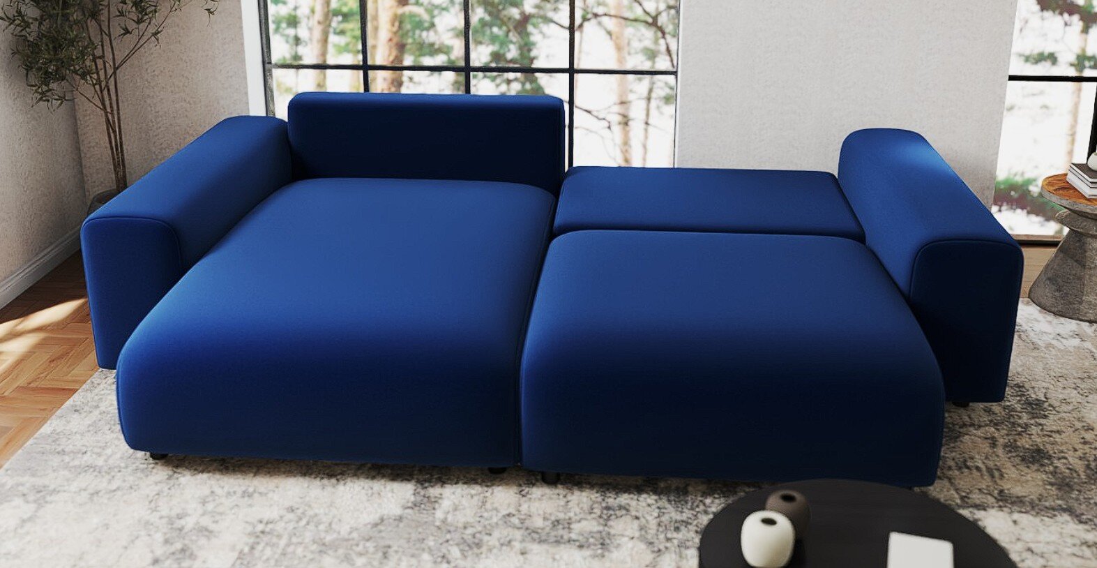 Colțar extensibil dumonde cu ladă de depozitare si sezut confortabil din spuma HR, Sarina Royal Albastru Navy 255x168 cm