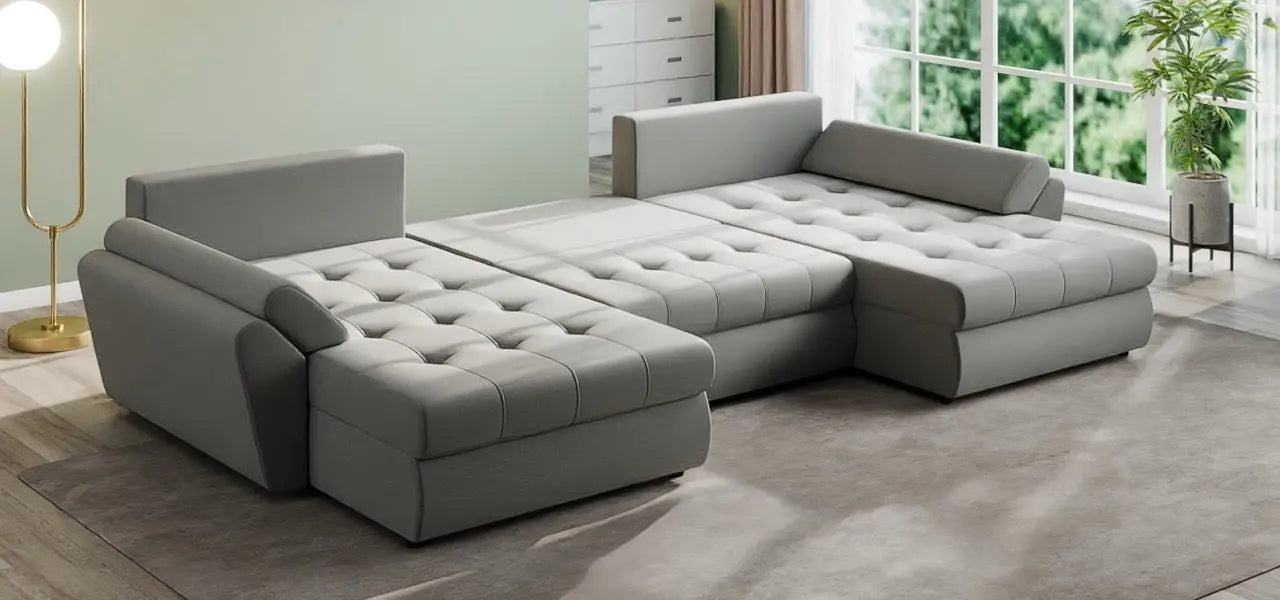 Colțar extensibil dumonde cu ladă de depozitare si sezut confortabil din spuma HR, Loana U Royal Grey 355x185 cm Fabrica