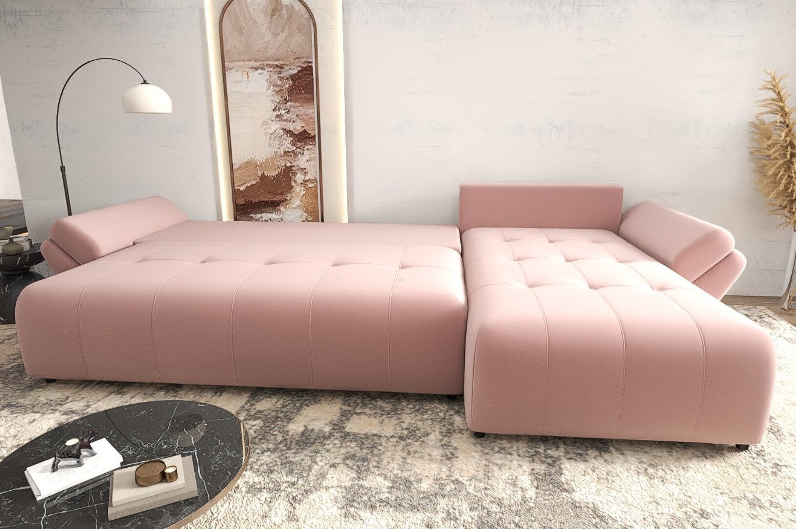 Colțar extensibil dumonde cu ladă de depozitare si sezut confortabil din spuma HR, Berlin XL Royal Roz 350x185 cm II