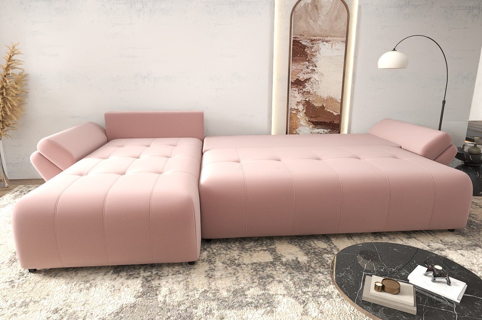 Colțar extensibil dumonde cu ladă de depozitare si sezut confortabil din spuma HR, Berlin XL Royal Roz 350x185 cm