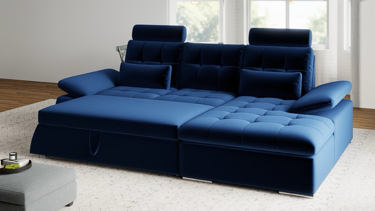 Colțar extensibil dumonde cu ladă de depozitare și șezut confortabil din spumă HR, Merkur Royal Albastru Navy 270x168 cm II