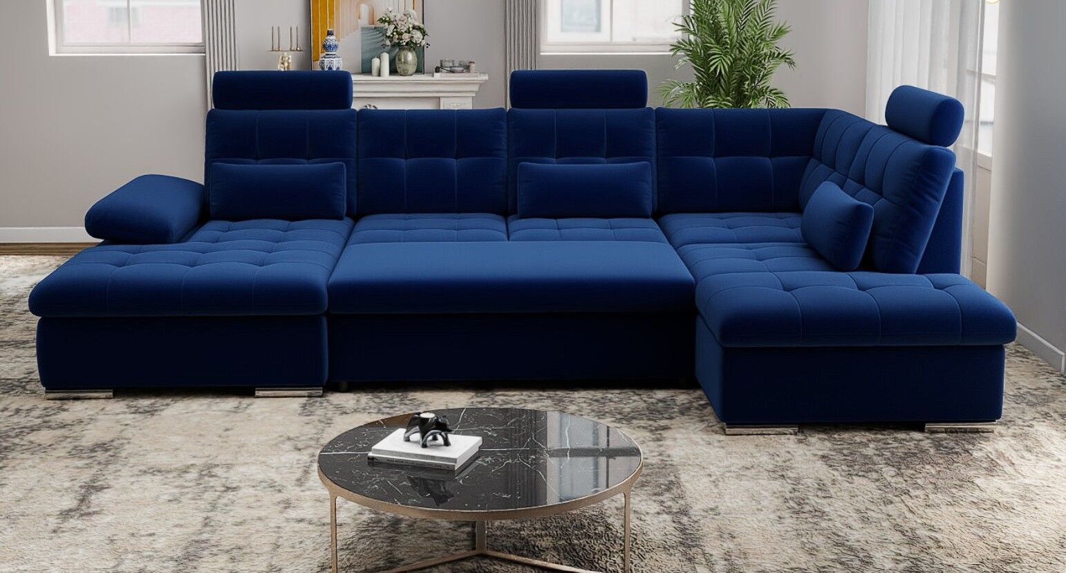 Colțar extensibil dumonde cu ladă de depozitare și șezut confortabil din spumă HR, Merkur U Royal Albastru Navy 324x218 cm