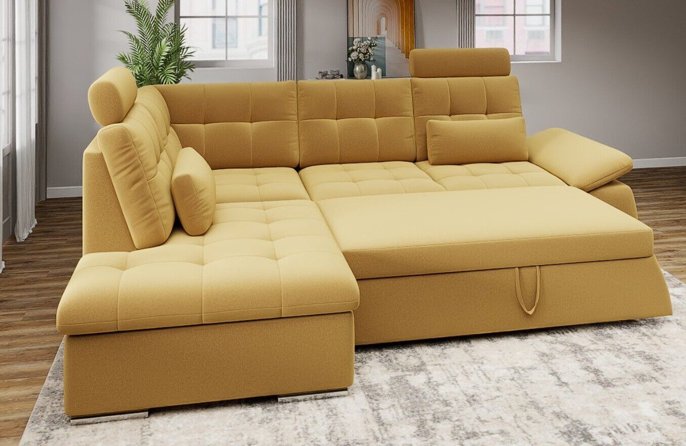 Colțar extensibil dumonde cu ladă de depozitare și șezut confortabil din spumă HR, Merkur XL Royal Mustar 256x217 cm