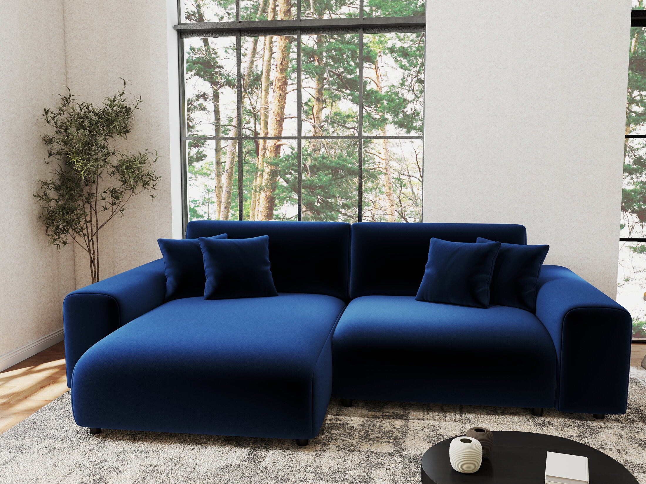 Colțar extensibil dumonde cu ladă de depozitare si sezut confortabil din spuma HR, Sarina Royal Albastru Navy 255x168 cm