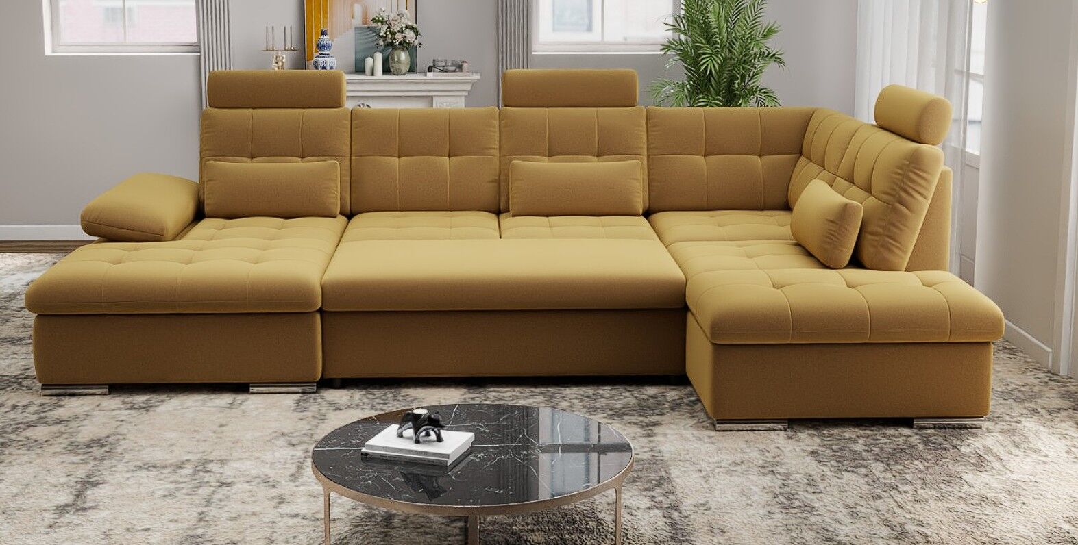 Colțar extensibil dumonde cu ladă de depozitare și șezut confortabil din spumă HR, Merkur U Royal Mustar 324x218 cm