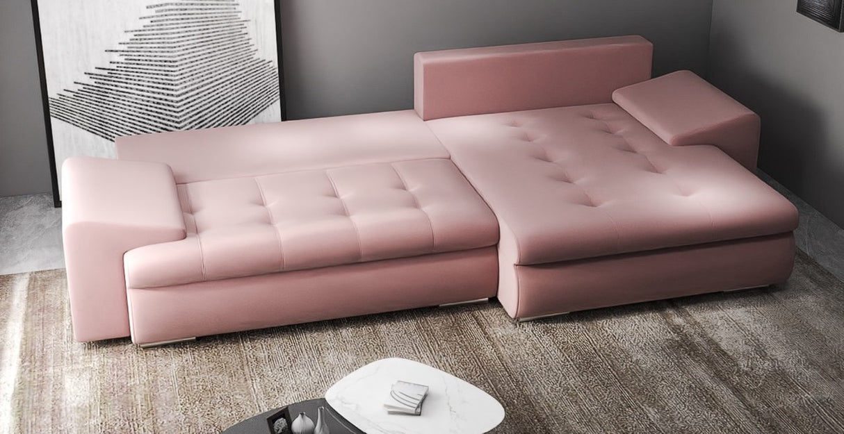 Colțar extensibil dumonde cu ladă de depozitare si sezut confortabil din spuma HR, Leonardo Royal Roz 255x193 cm II