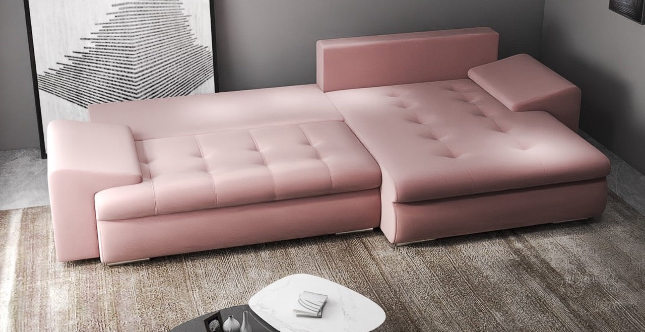 Colțar extensibil dumonde cu ladă de depozitare si sezut confortabil din spuma HR, Leonardo Royal Roz 255x193 cm II Fabrica