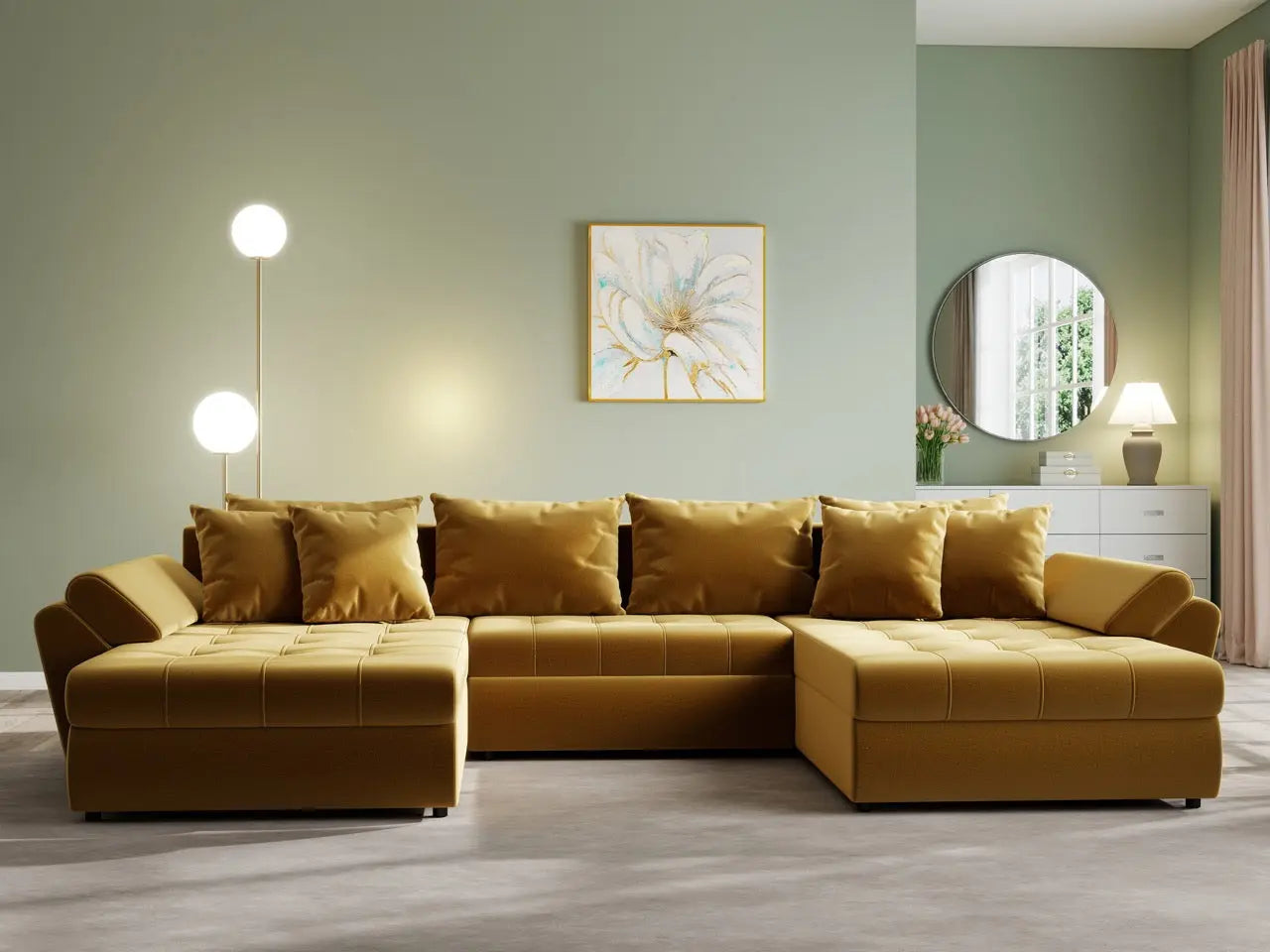 Colțar extensibil dumonde cu ladă de depozitare si sezut confortabil din spuma HR, Loana U Royal Mustar 355x185 cm Fabrica