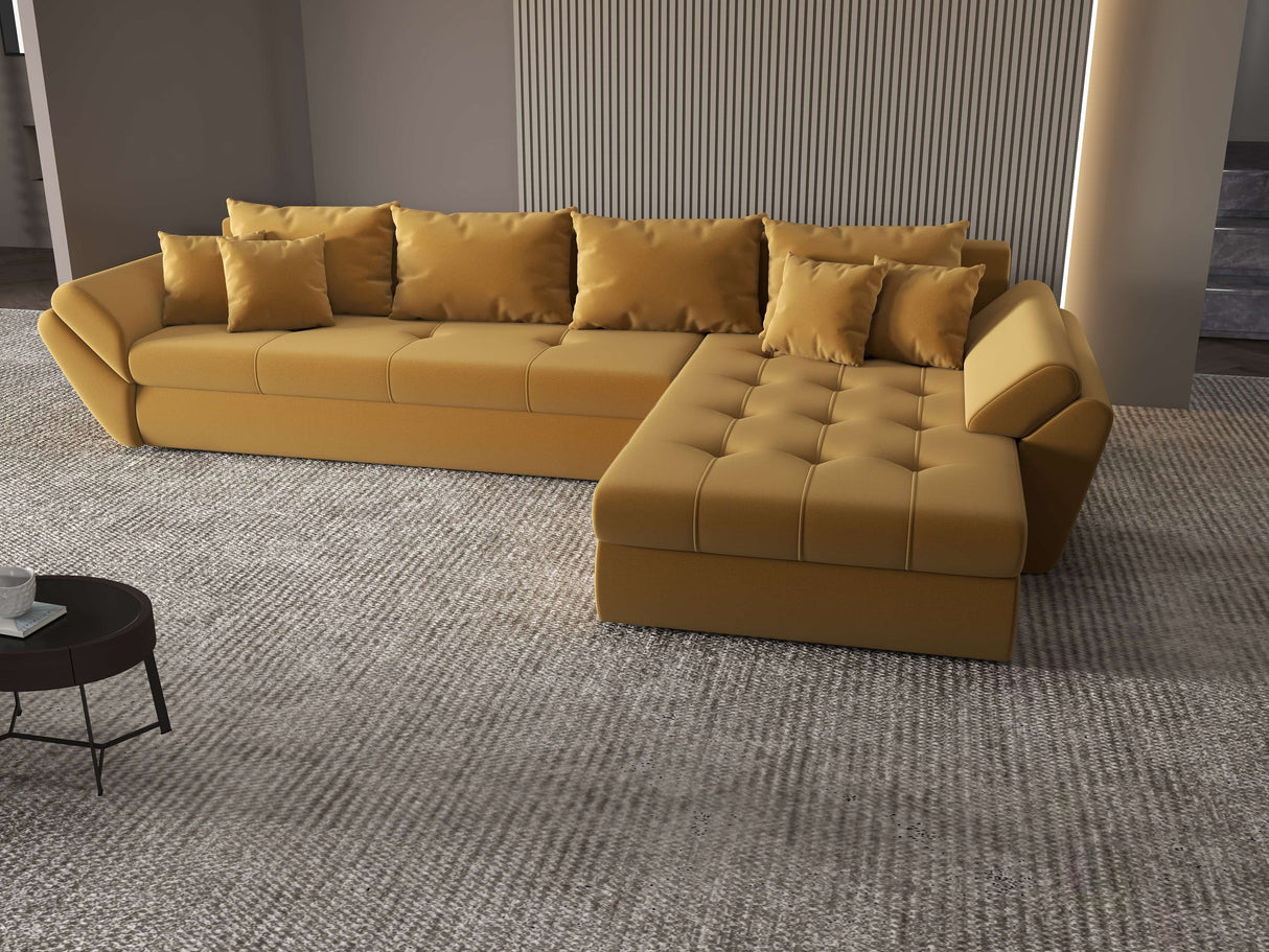 Colțar extensibil dumonde cu ladă de depozitare si sezut confortabil din spuma HR, Loana XL Royal Mustar II 335x185 cm Fabrica