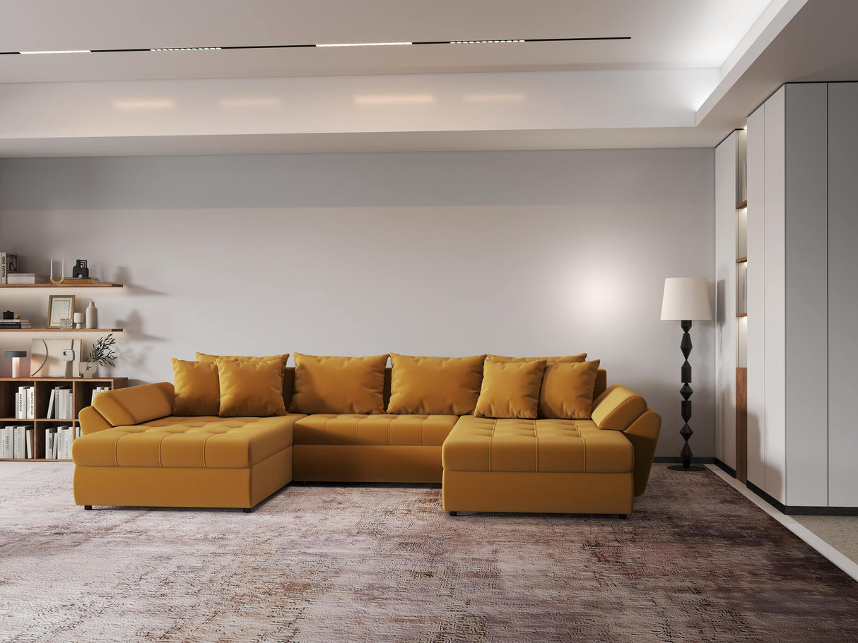 Colțar extensibil dumonde cu ladă de depozitare si sezut confortabil din spuma HR, Loana Royal Mustar U 355x185 cm Fabrica