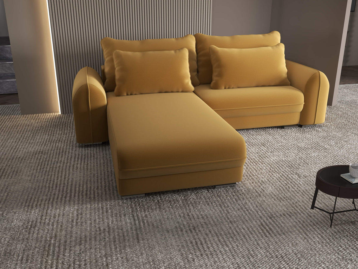 Colțar extensibil dumonde cu ladă de depozitare si sezut confortabil din spuma HR, Denver Royal Mustar 275x185 cm Fabrica