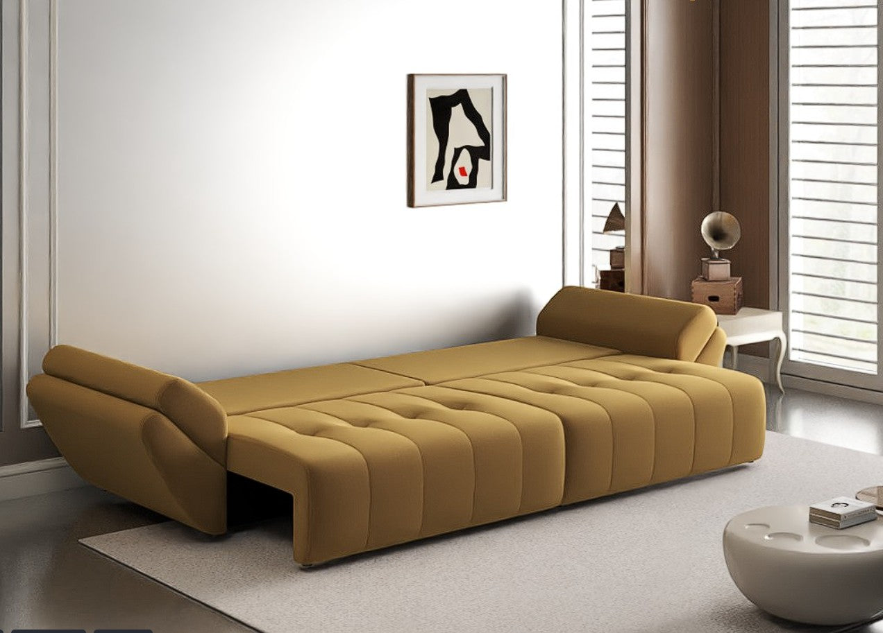 Canapea extensibilă dumonde cu ladă de depozitare si sezut confortabil din spuma HR, Berlin Royal Mustar 300x100 cm Fabrica