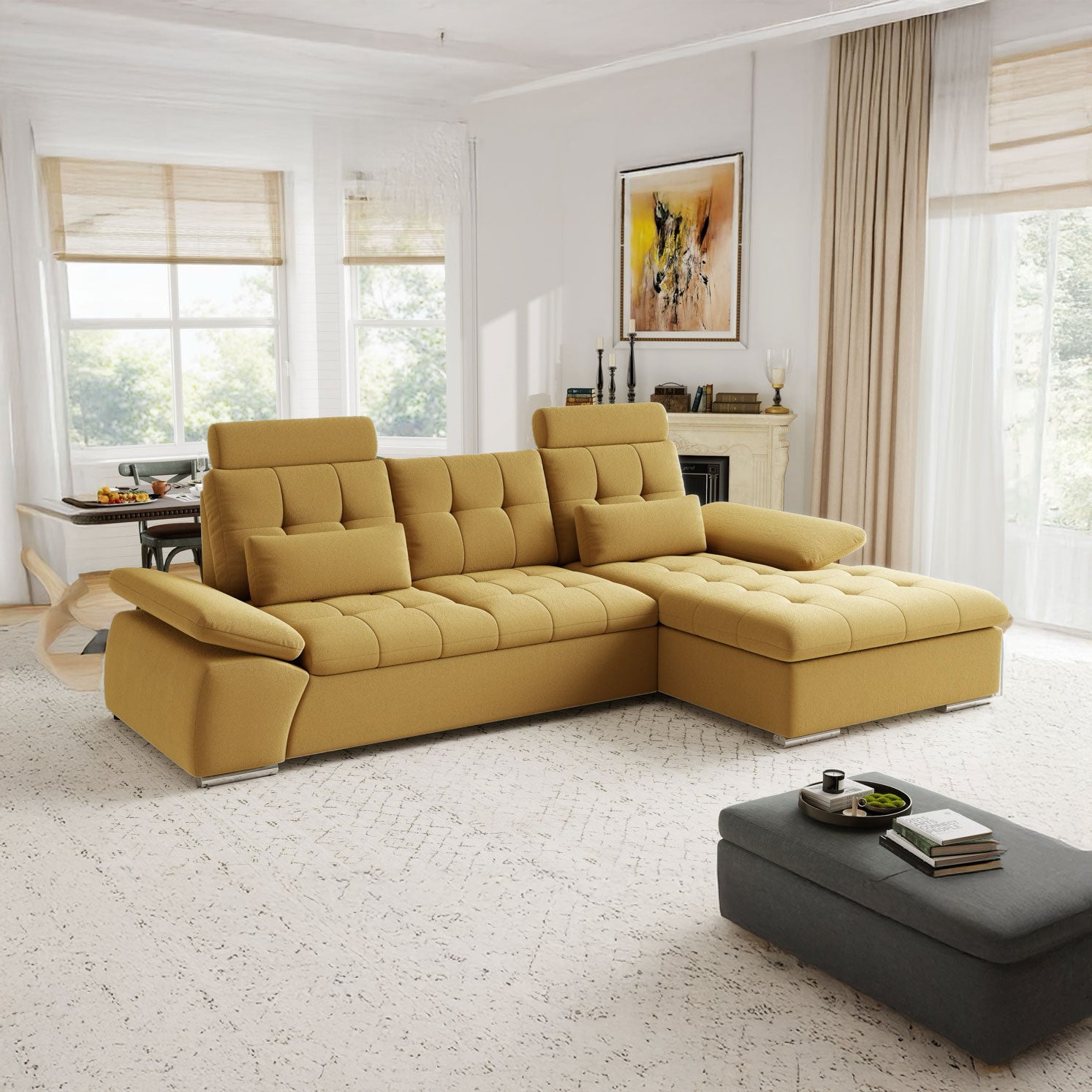 Colțar extensibil dumonde cu ladă de depozitare și șezut confortabil din spumă HR, Merkur Royal Mustar 270x168 cm II