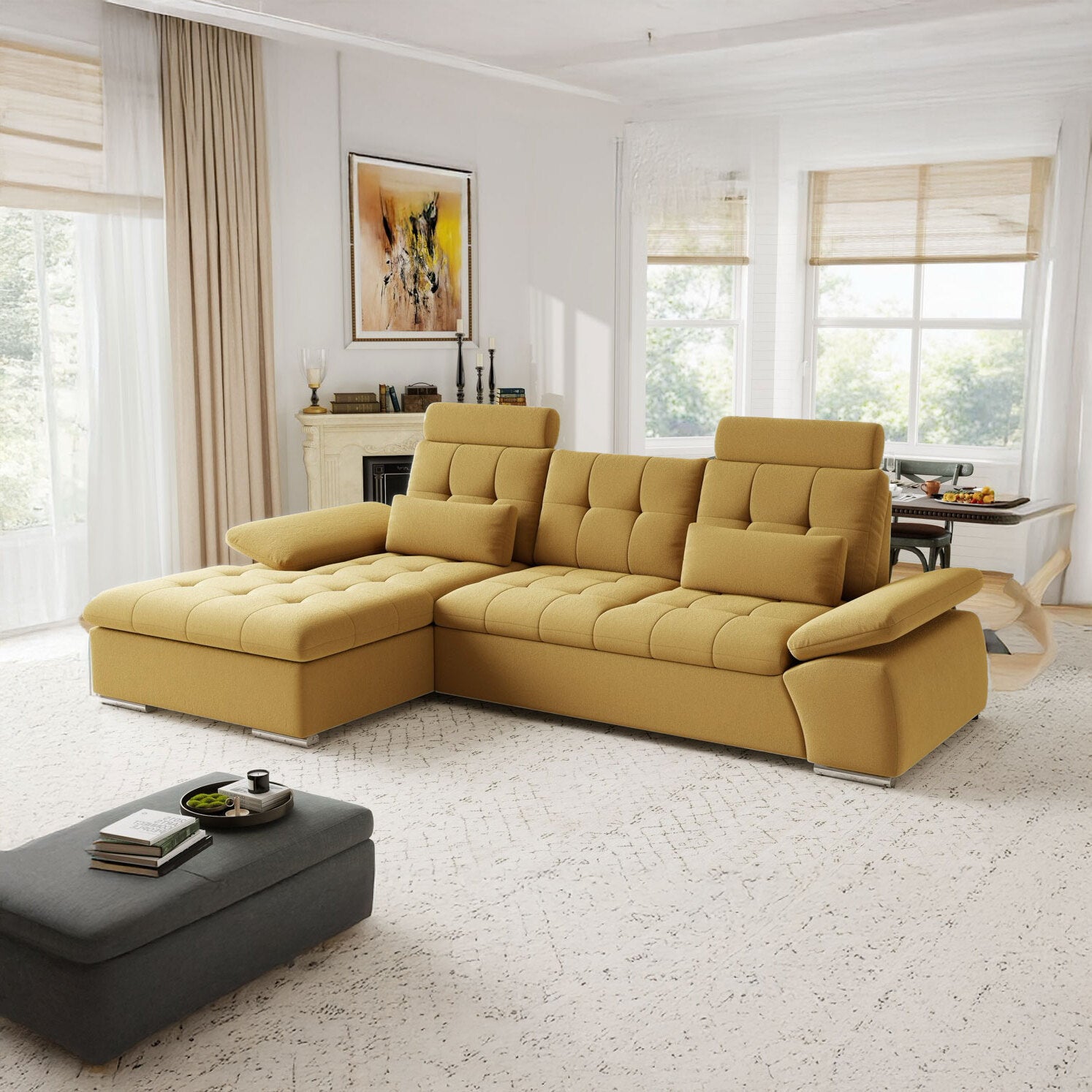 Colțar extensibil dumonde cu ladă de depozitare și șezut confortabil din spumă HR, Merkur Royal Mustar 270x168 cm