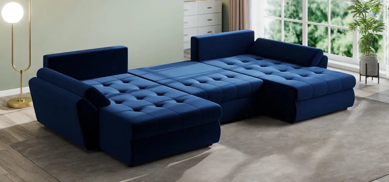 Colțar extensibil dumonde cu ladă de depozitare si sezut confortabil din spuma HR, Loana U Royal Blue 355x185 cm Fabrica