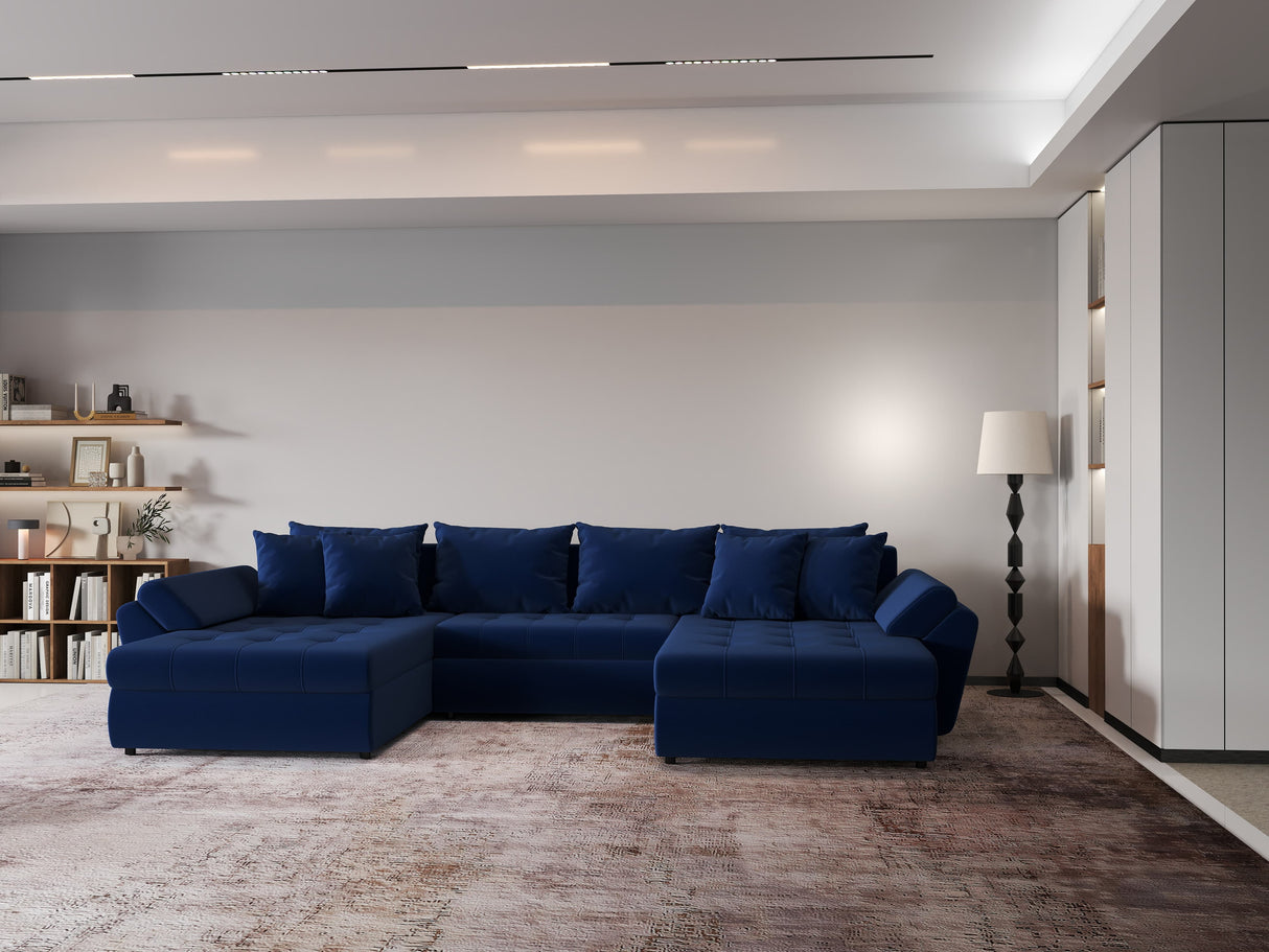 Colțar extensibil dumonde cu ladă de depozitare si sezut confortabil din spuma HR, Loana Royal Albastru U 355x185 cm Fabrica