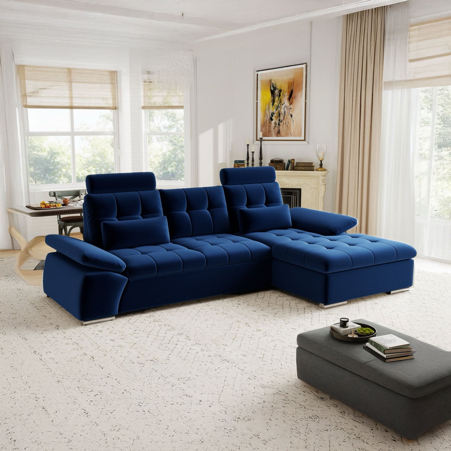 Colțar extensibil dumonde cu ladă de depozitare și șezut confortabil din spumă HR, Merkur Royal Albastru Navy 270x168 cm II