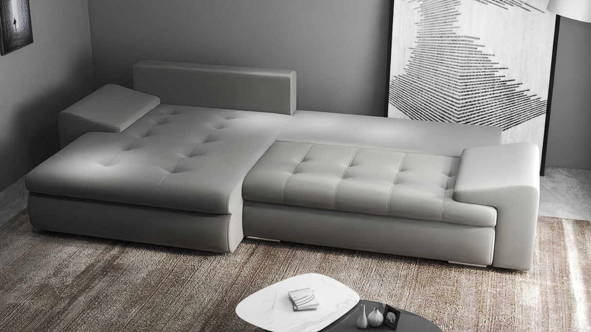 Colțar extensibil dumonde cu ladă de depozitare si sezut confortabil din spuma HR, Leonardo Royal Gri 255x193 cm