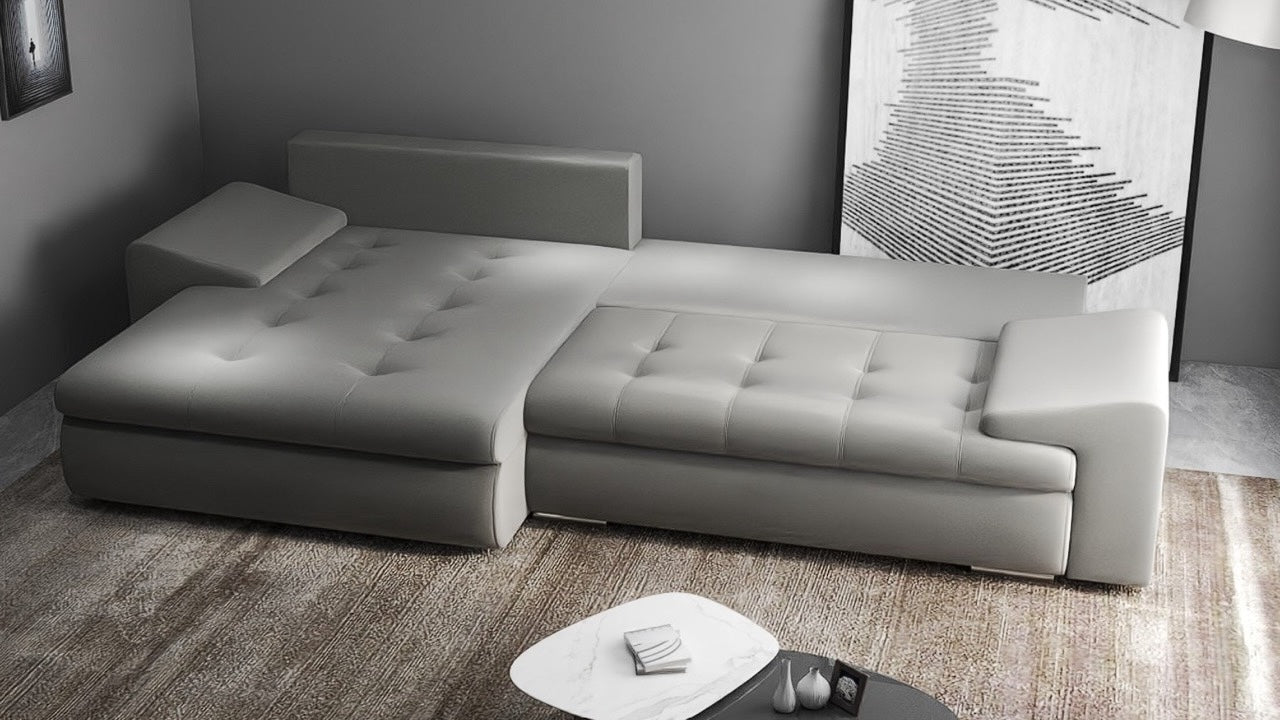Colțar extensibil dumonde cu ladă de depozitare si sezut confortabil din spuma HR, Leonardo Royal Gri 255x193 cm Fabrica