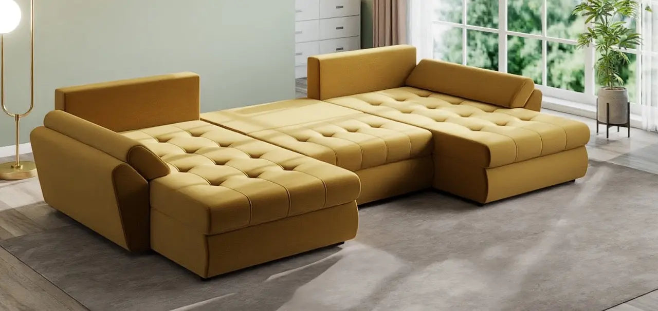 Colțar extensibil dumonde cu ladă de depozitare si sezut confortabil din spuma HR, Loana U Royal Mustar 355x185 cm Fabrica