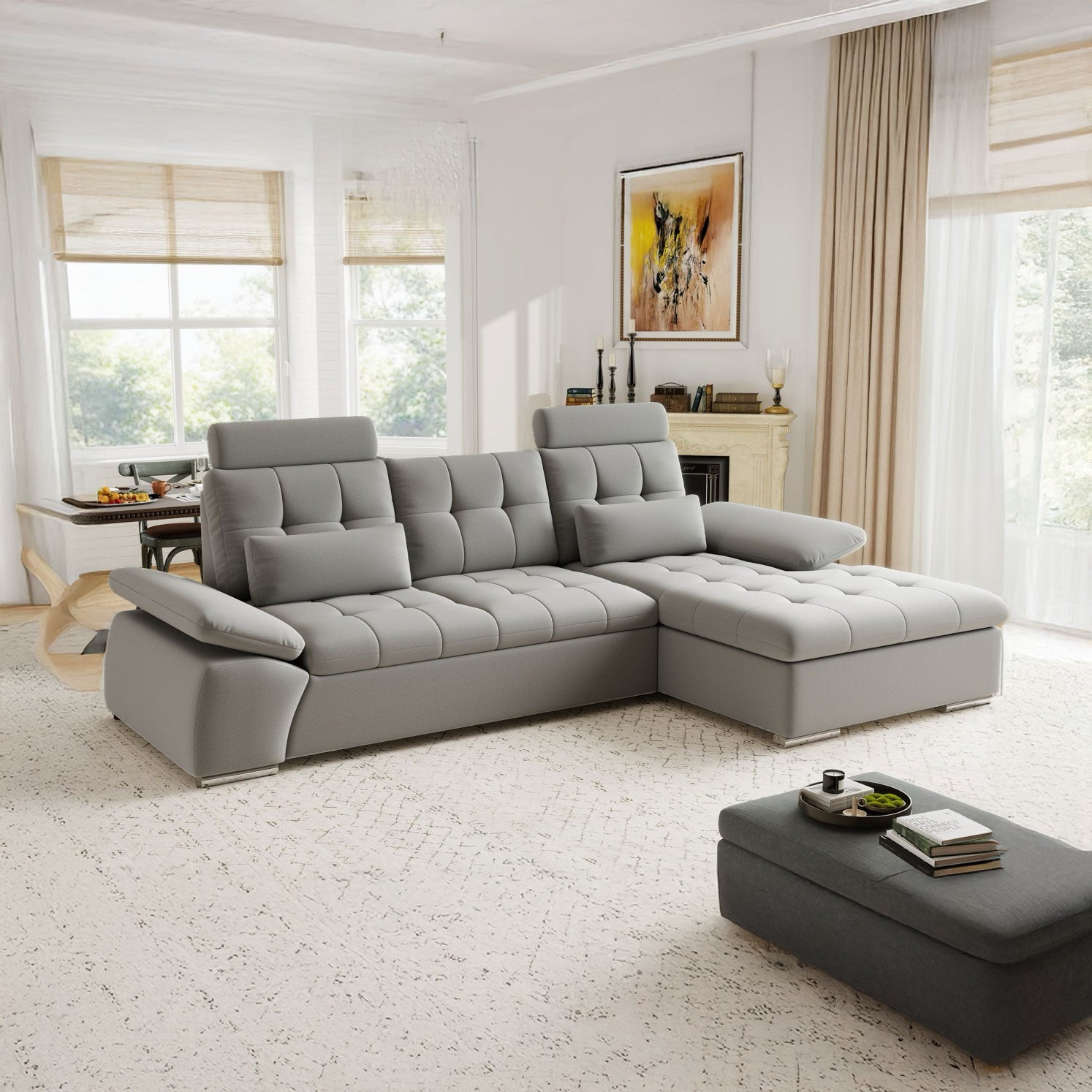 Colțar extensibil dumonde cu ladă de depozitare și șezut confortabil din spumă HR, Merkur Royal Gri 270x168 cm II