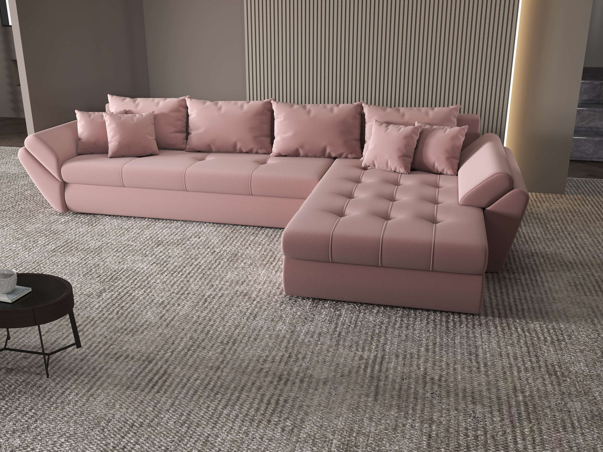 Colțar extensibil dumonde cu ladă de depozitare si sezut confortabil din spuma HR, Loana XL Royal Roz II 335x185 cm Fabrica