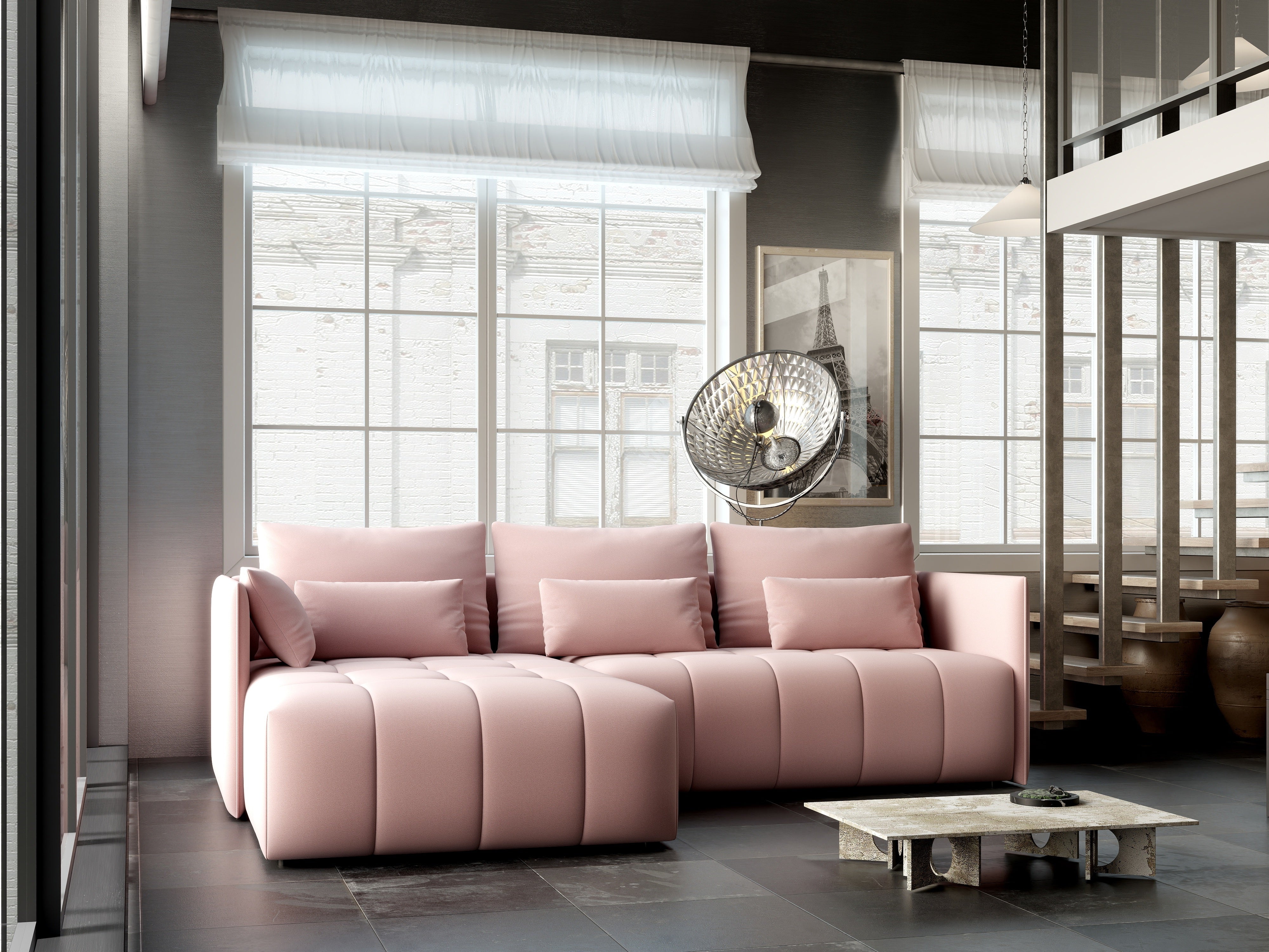 Colțar extensibil dumonde cu ladă de depozitare si sezut confortabil din spuma HR, Malta Roz Pudrat 235x185 cm Fabrica