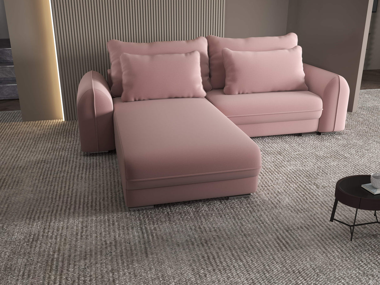 Colțar extensibil dumonde cu ladă de depozitare si sezut confortabil din spuma HR, Denver Royal Roz 275x185 cm Fabrica