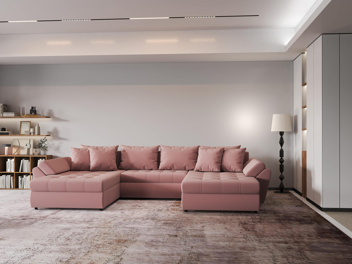 Colțar extensibil dumonde cu ladă de depozitare si sezut confortabil din spuma HR, Loana Royal Roz U 355x185 cm Fabrica
