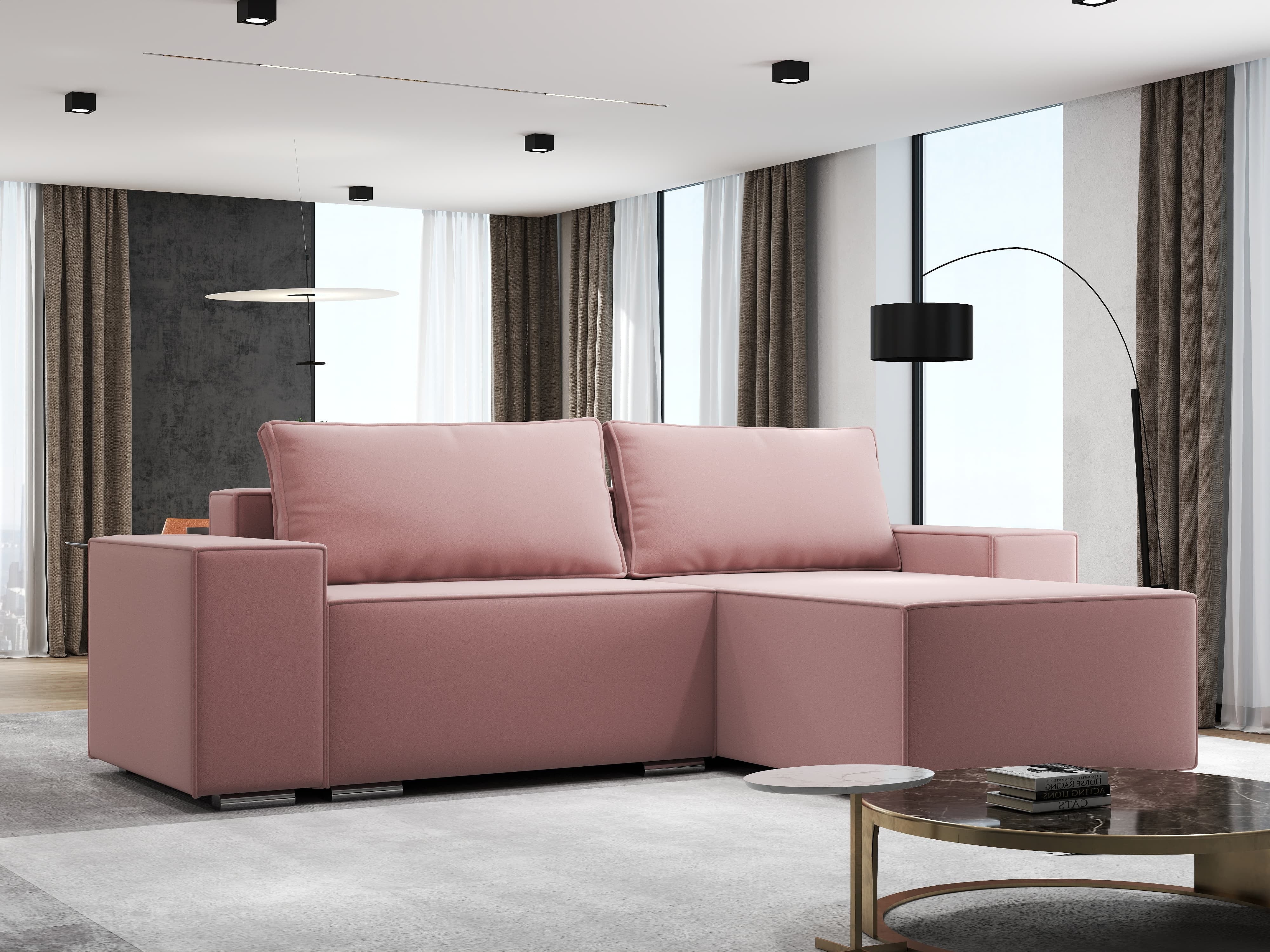 Colțar extensibil dumonde cu ladă de depozitare si sezut confortabil din spuma HR, Dream Royal Roz 290x185 cm II Fabrica