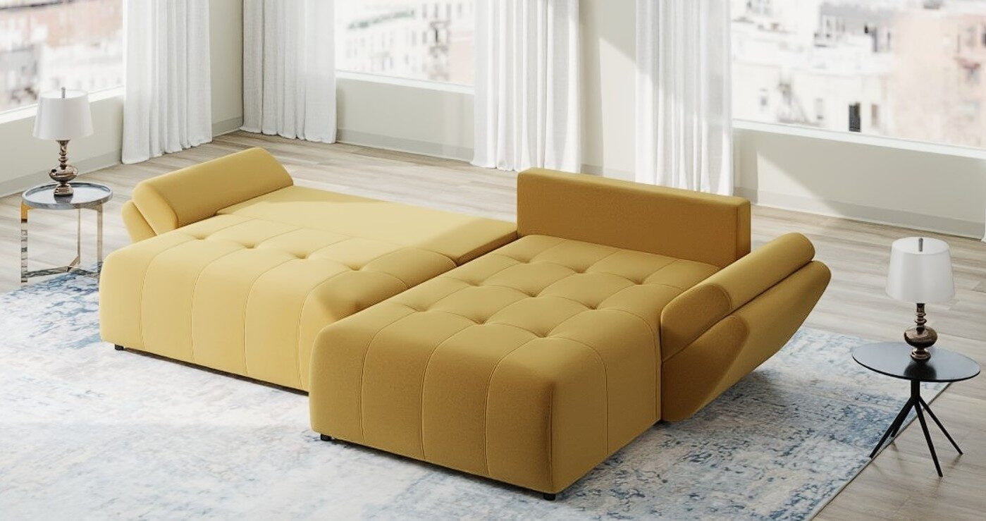 Colțar extensibil dumonde cu ladă de depozitare si sezut confortabil din spuma HR, Berlin Royal Galben Mustar 280x185 cm II