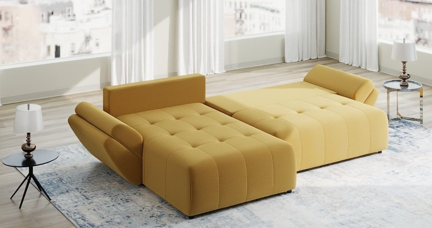 Colțar extensibil dumonde cu ladă de depozitare si sezut confortabil din spuma HR, Berlin Royal Galben Mustar 280x185 cm