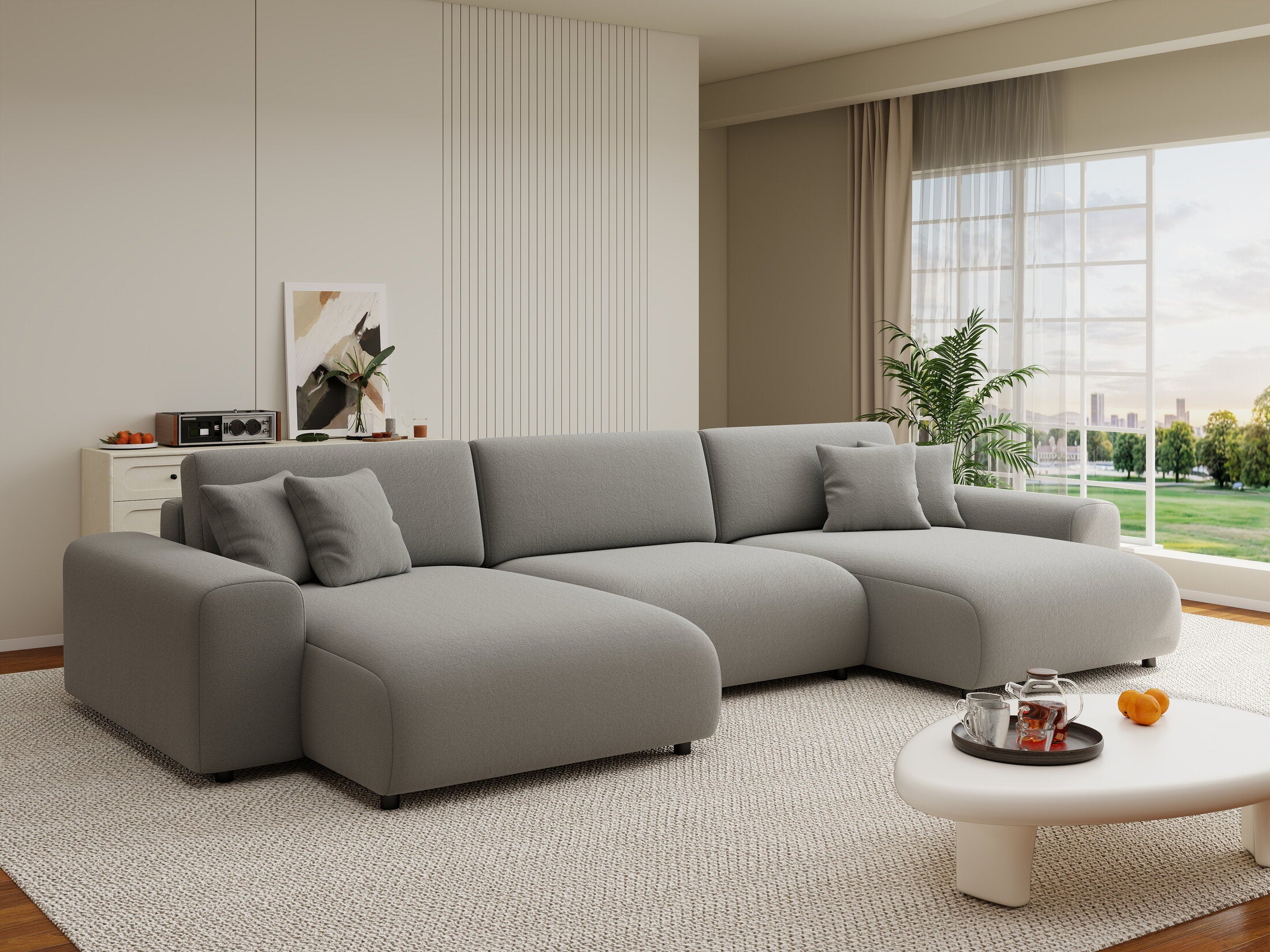 Colțar extensibil dumonde cu ladă de depozitare si sezut confortabil din spuma HR, Sarina U Royal Gri 350x168 cm