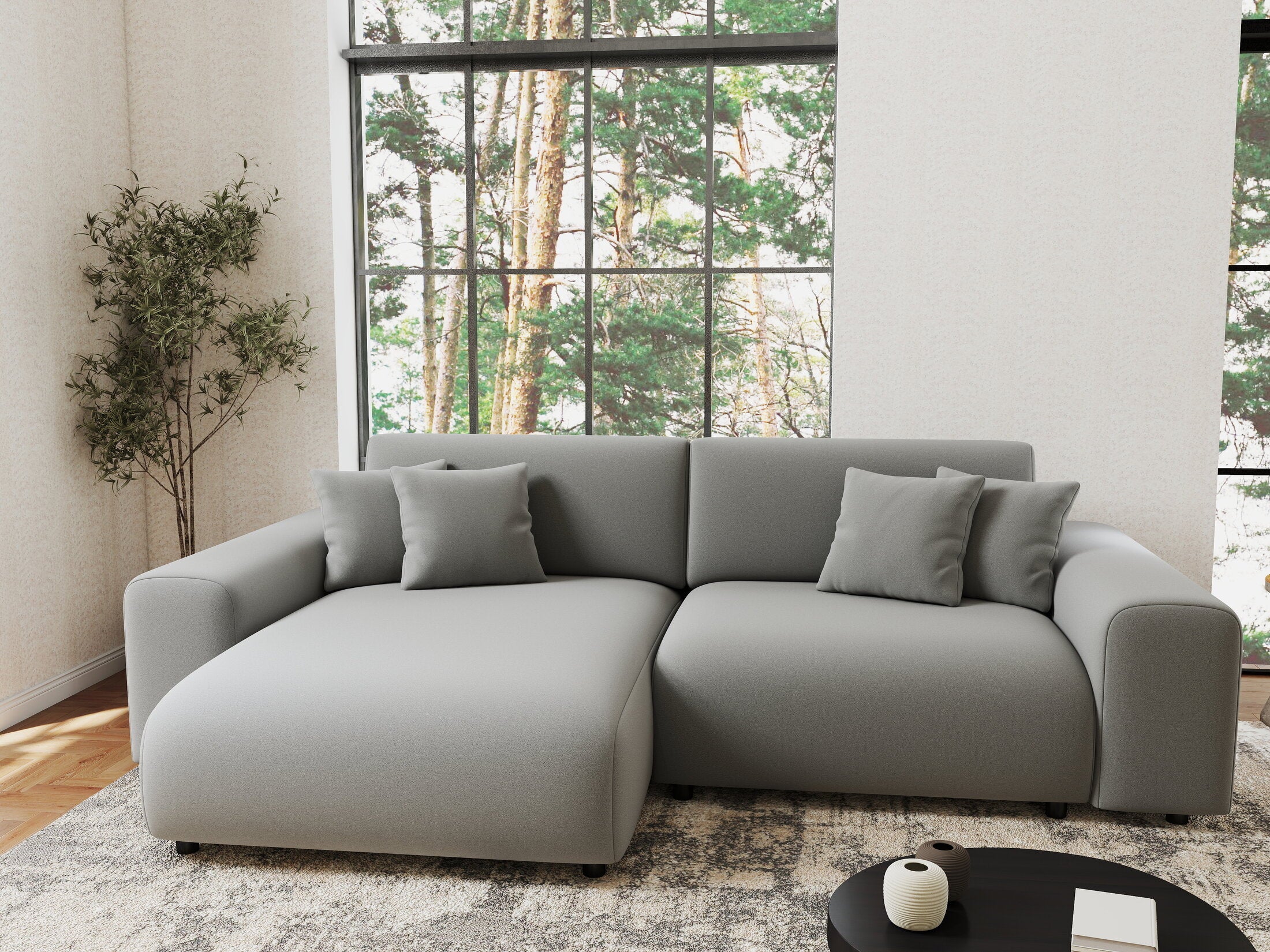 Colțar extensibil dumonde cu ladă de depozitare si sezut confortabil din spuma HR, Sarina Royal Gri 255x168 cm