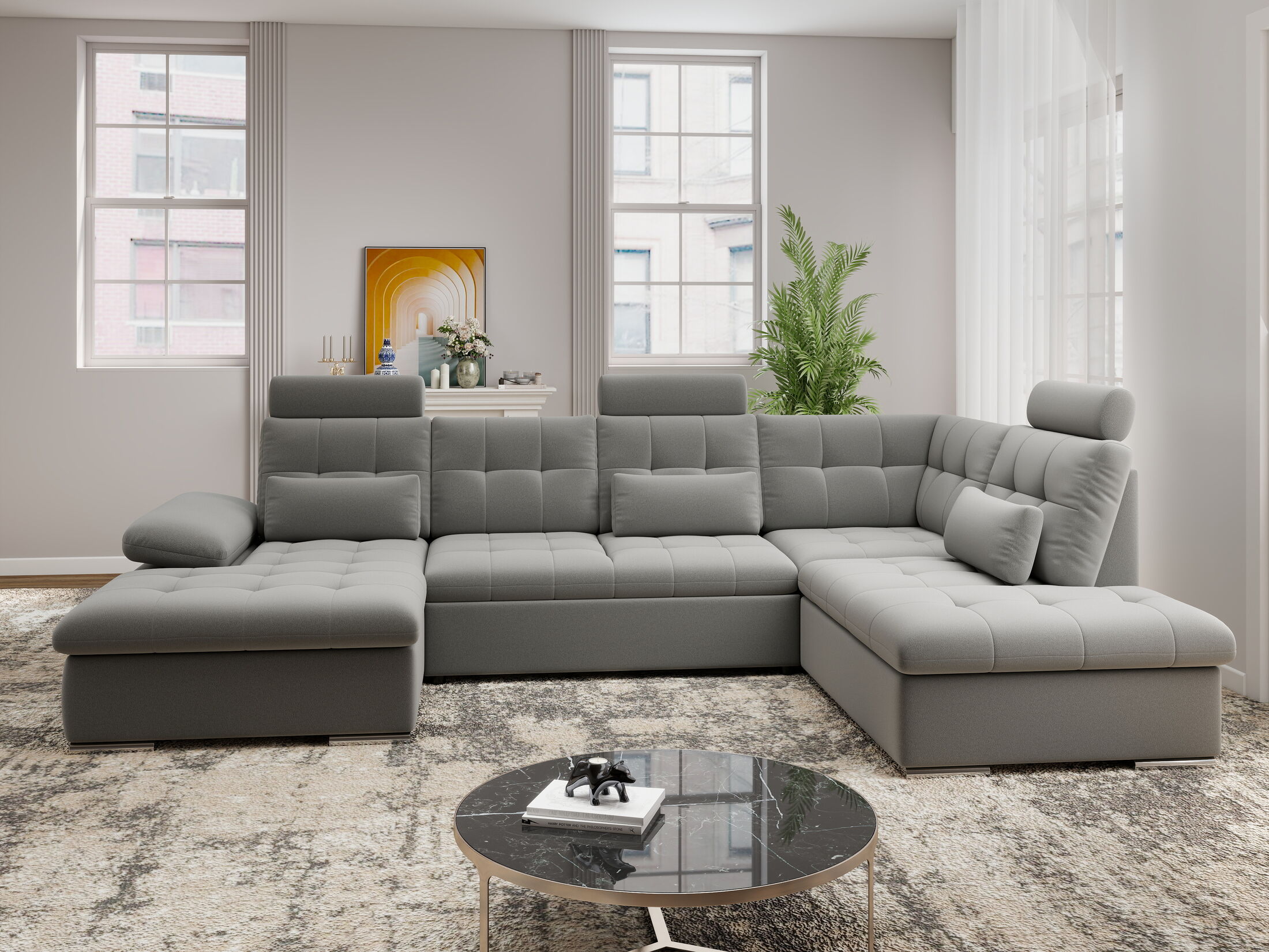 Colțar extensibil dumonde cu ladă de depozitare și șezut confortabil din spumă HR, Merkur U Royal Gri 324x218 cm