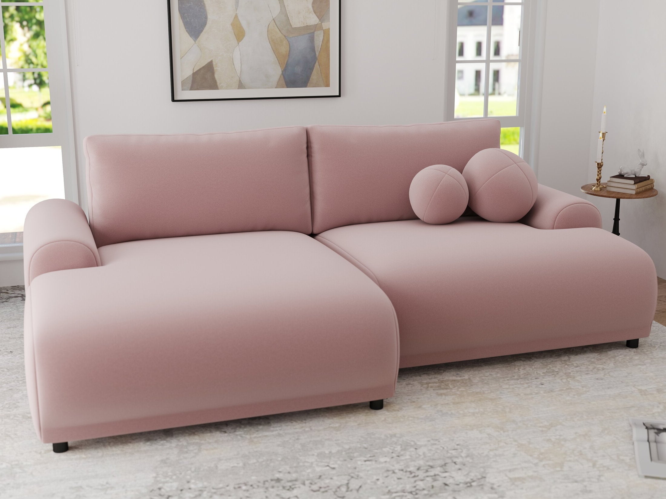 Colțar extensibil dumonde cu ladă de depozitare și șezut confortabil din spumă HR, Carlo Royal Roz 240x145 cm