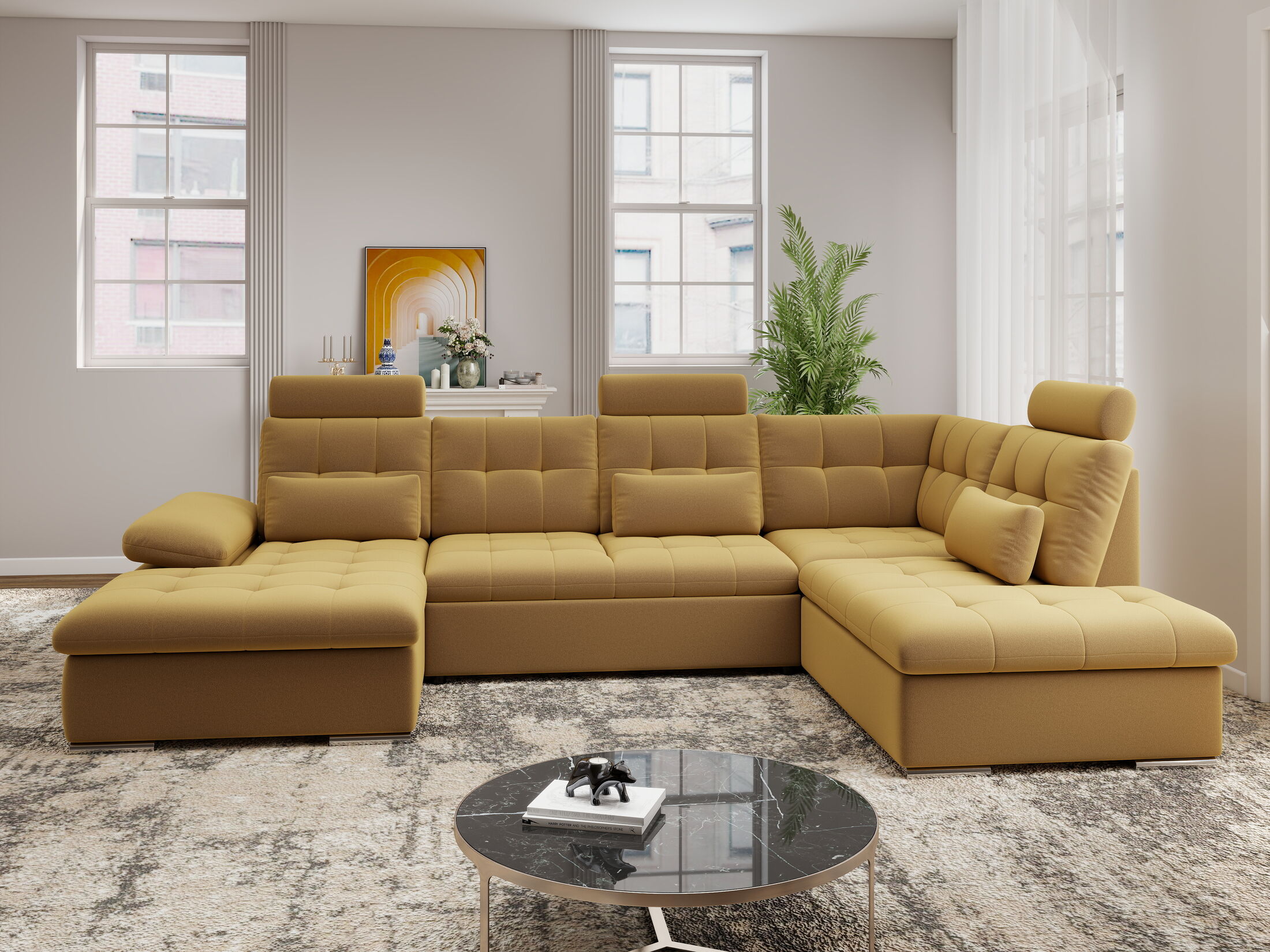 Colțar extensibil dumonde cu ladă de depozitare și șezut confortabil din spumă HR, Merkur U Royal Mustar 324x218 cm