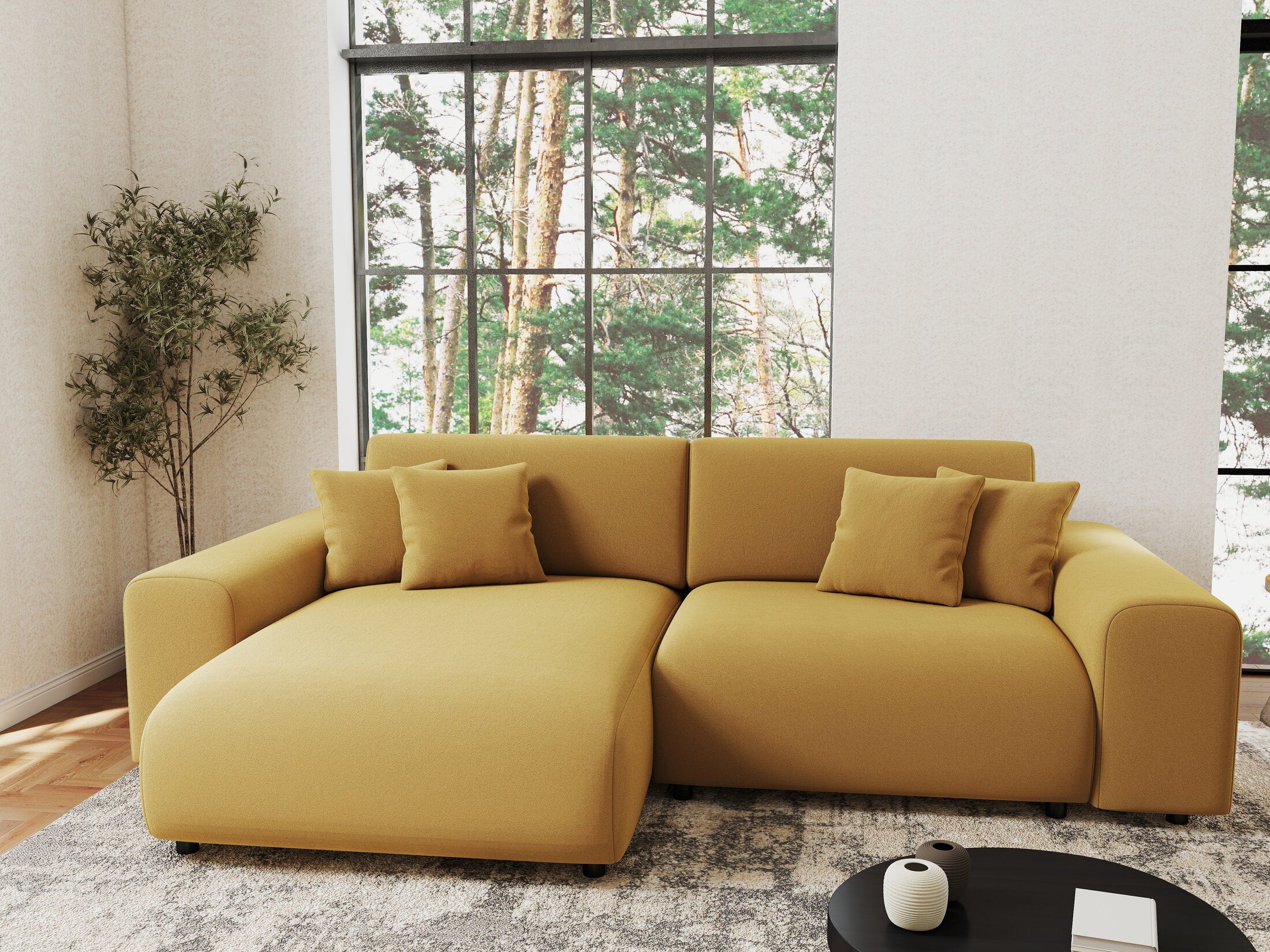 Colțar extensibil dumonde cu ladă de depozitare si sezut confortabil din spuma HR, Sarina Royal Mustar 255x168 cm