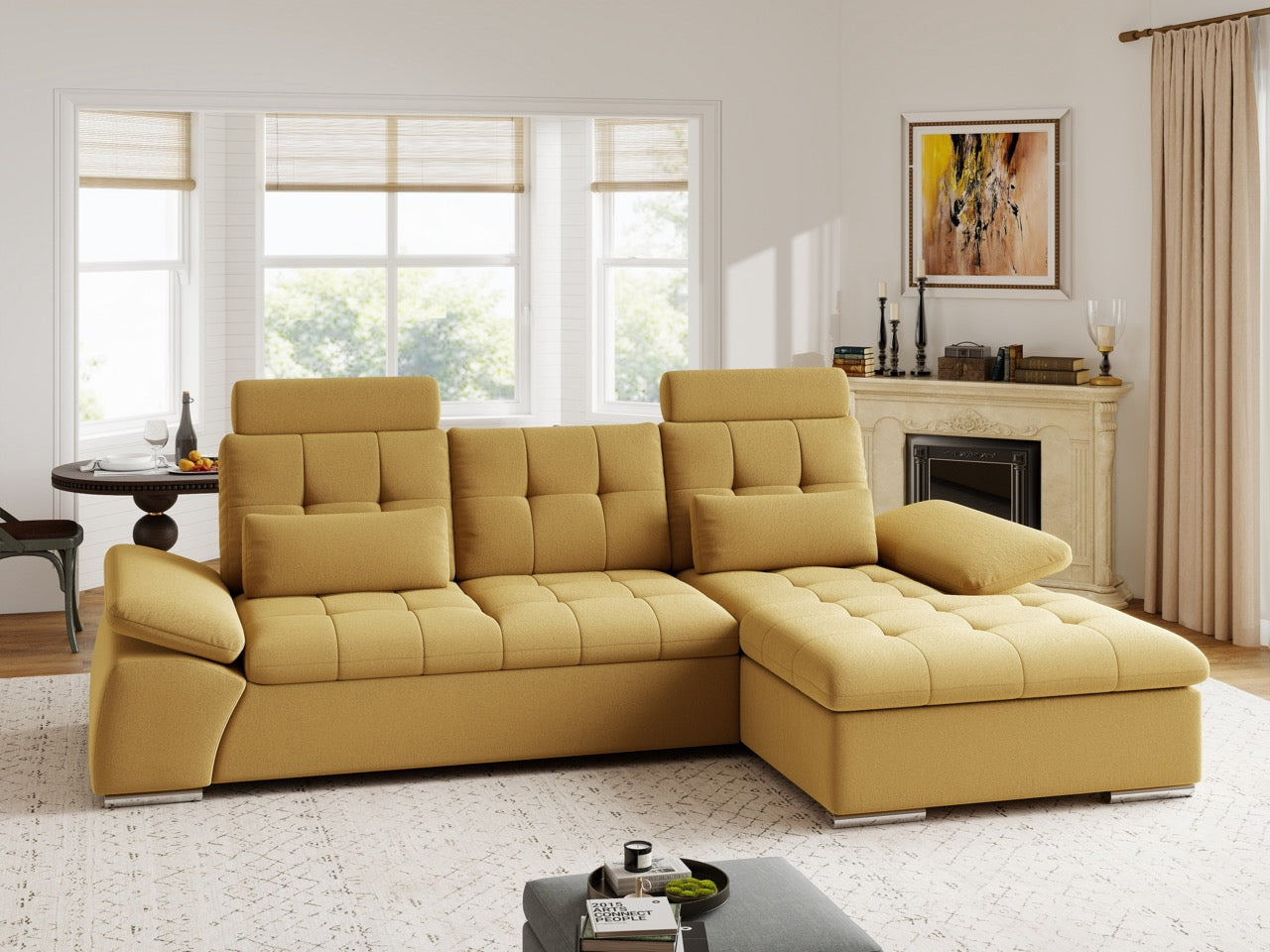 Colțar extensibil dumonde cu ladă de depozitare și șezut confortabil din spumă HR, Merkur Royal Mustar 270x168 cm II