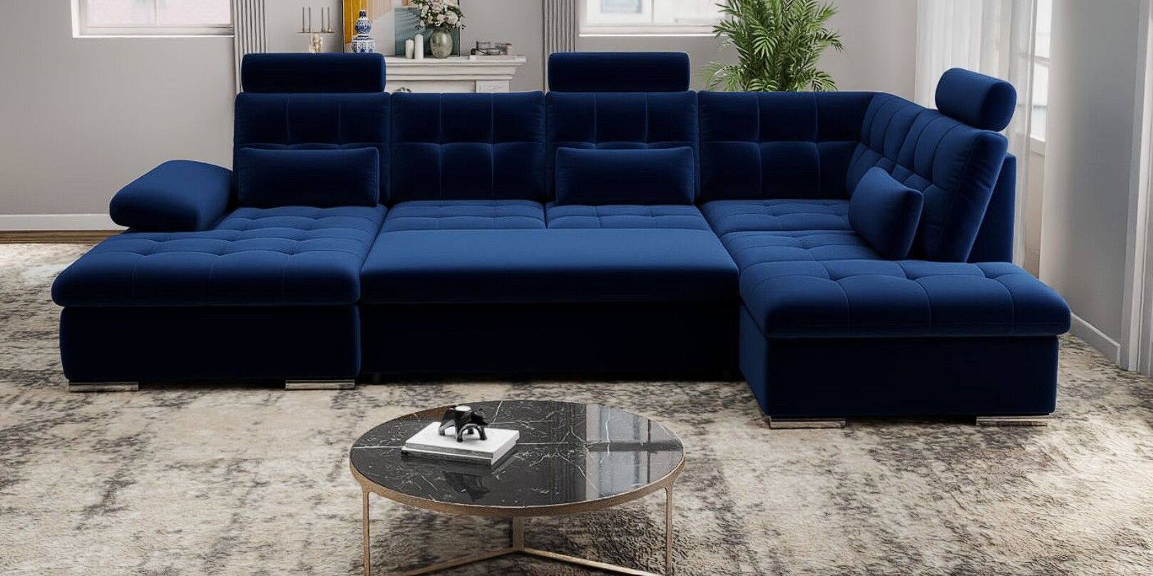 Colțar extensibil dumonde cu ladă de depozitare și șezut confortabil din spumă HR, Merkur U Royal Albastru Navy 324x218 cm