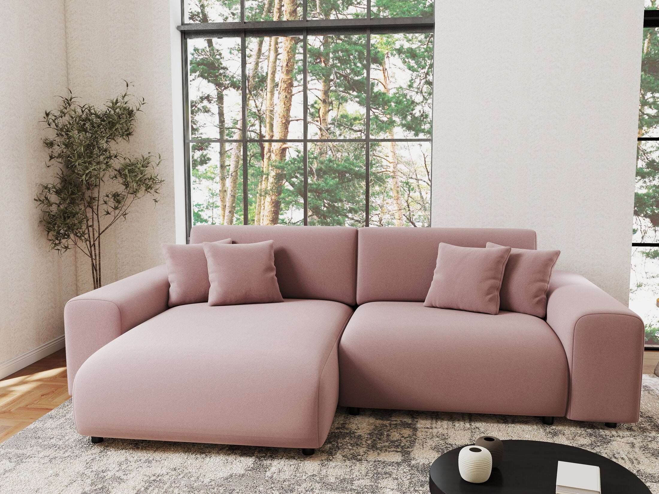 Colțar extensibil dumonde cu ladă de depozitare si sezut confortabil din spuma HR, Sarina Royal Roz 255x168 cm