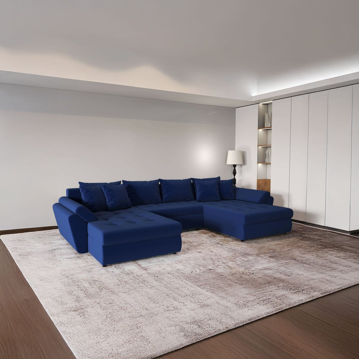 Colțar extensibil dumonde cu ladă de depozitare si sezut confortabil din spuma HR, Loana Royal Albastru U 355x185 cm Fabrica