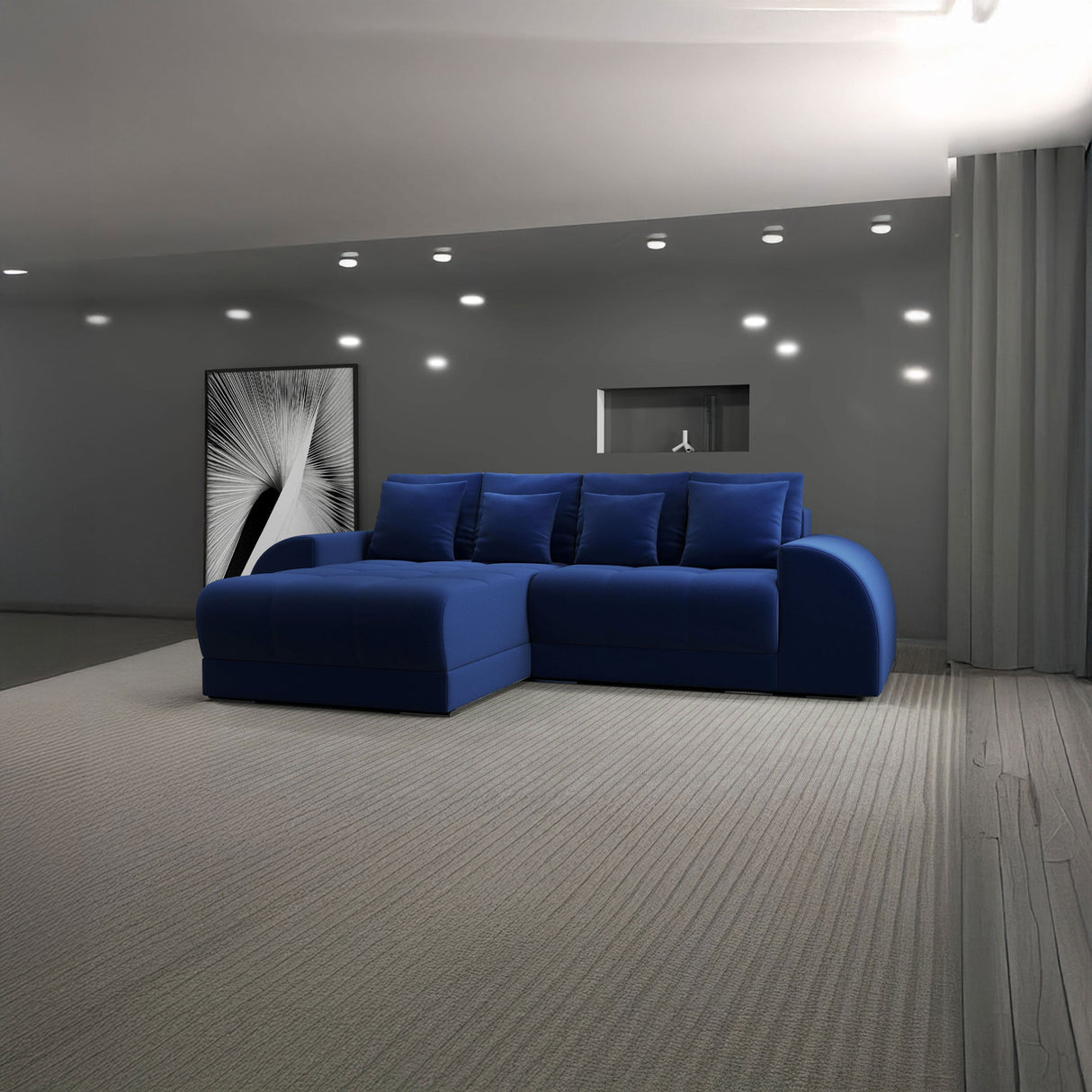 Colțar extensibil dumonde cu ladă de depozitare si sezut confortabil din spuma HR, Verona Royal Albastru 290x185 cm Fabrica
