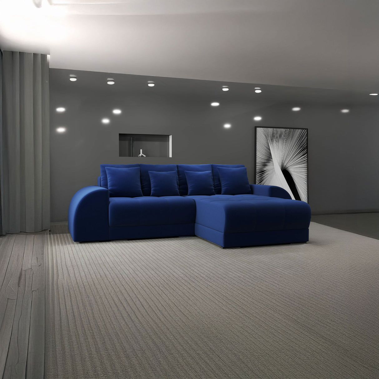 Colțar extensibil dumonde cu ladă de depozitare si sezut confortabil din spuma HR, Verona Royal Albastru II 290x185 cm Fabrica
