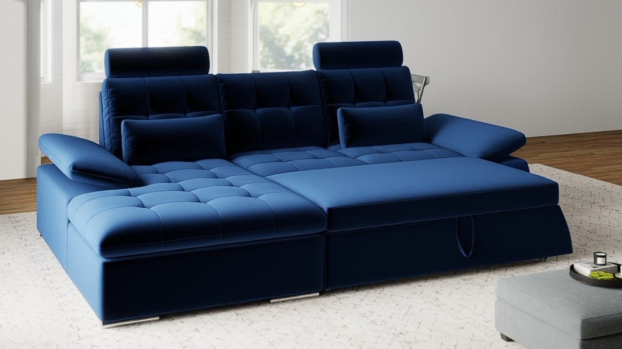 Colțar extensibil dumonde cu ladă de depozitare și șezut confortabil din spumă HR, Merkur Royal Albastru Navy 270x168 cm