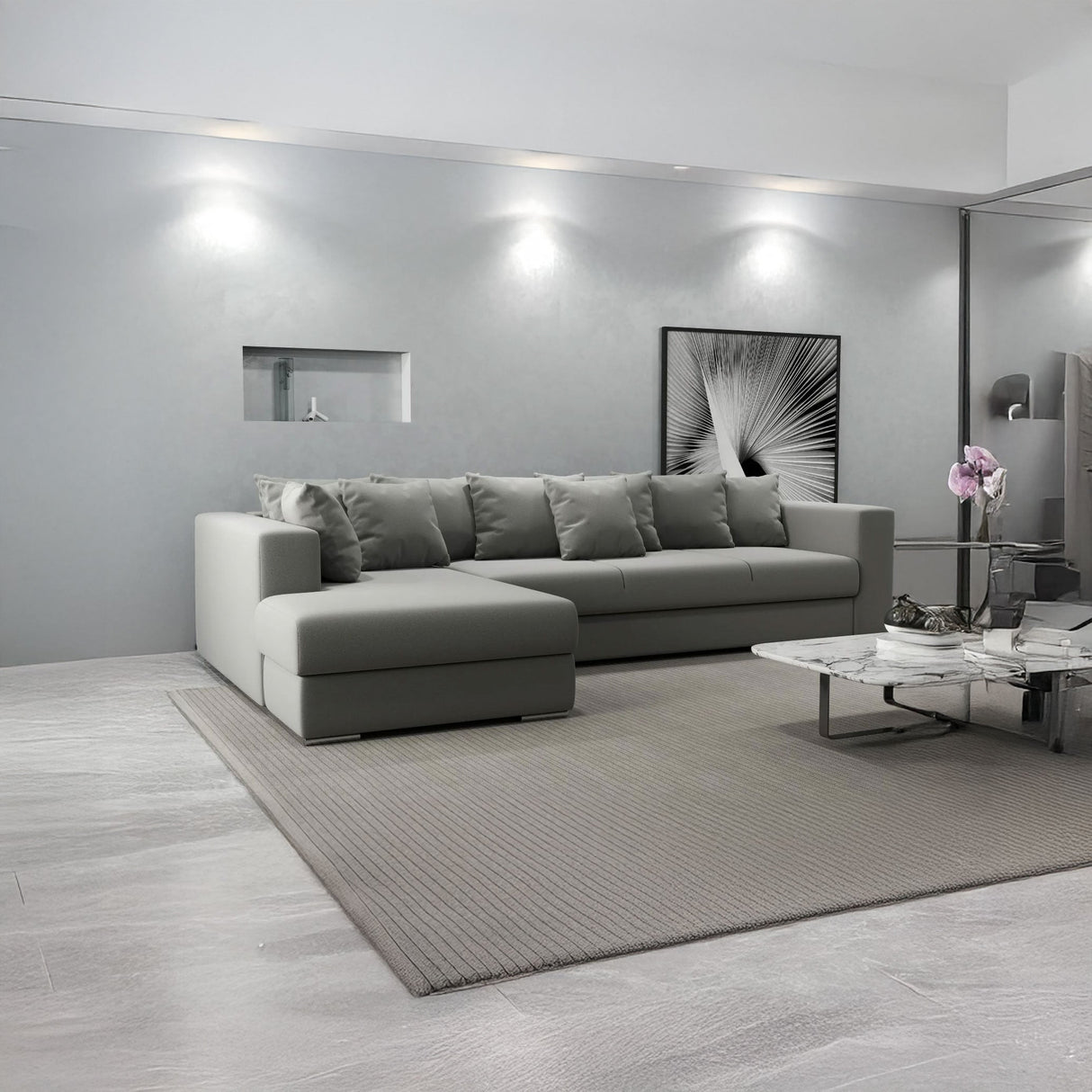 Colțar extensibil dumonde cu ladă de depozitare si sezut confortabil din spuma HR, Gloria Royal Grey 320x183 cm Fabrica