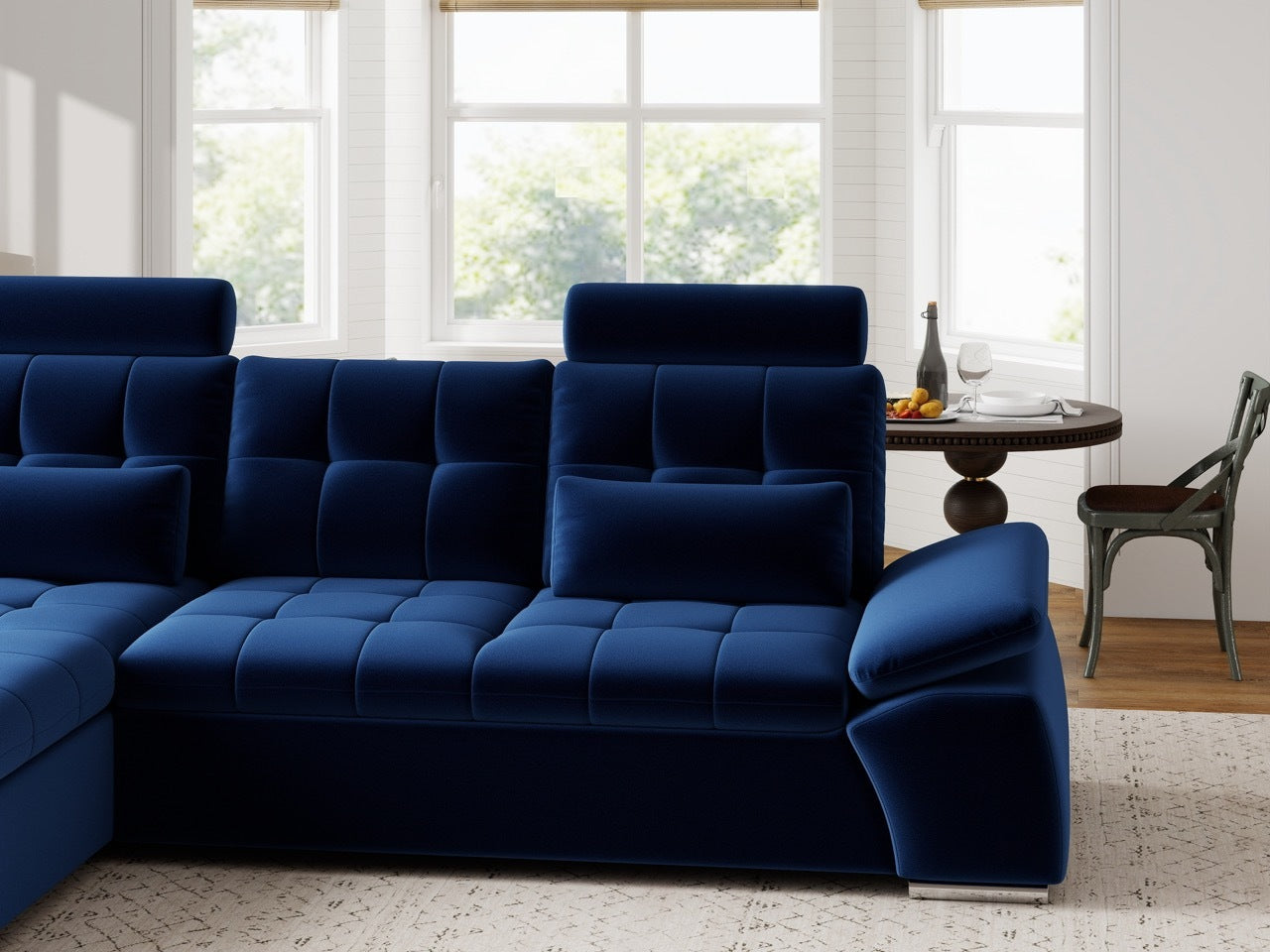 Colțar extensibil dumonde cu ladă de depozitare și șezut confortabil din spumă HR, Merkur Royal Albastru Navy 270x168 cm