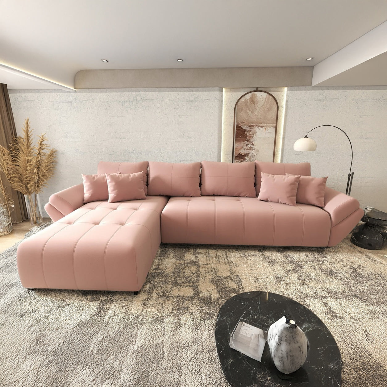 Colțar extensibil dumonde cu ladă de depozitare si sezut confortabil din spuma HR, Berlin XL Royal Roz 350x185 cm